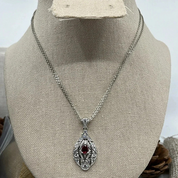 Vintage QVC Diamonique Garnet Necklace - Sterling Silver 925 - Picture 5 of 17